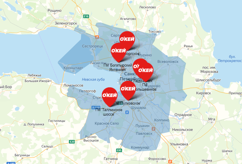Зона покрытия онлайн-доставки продуктов из О’КЕЙ
