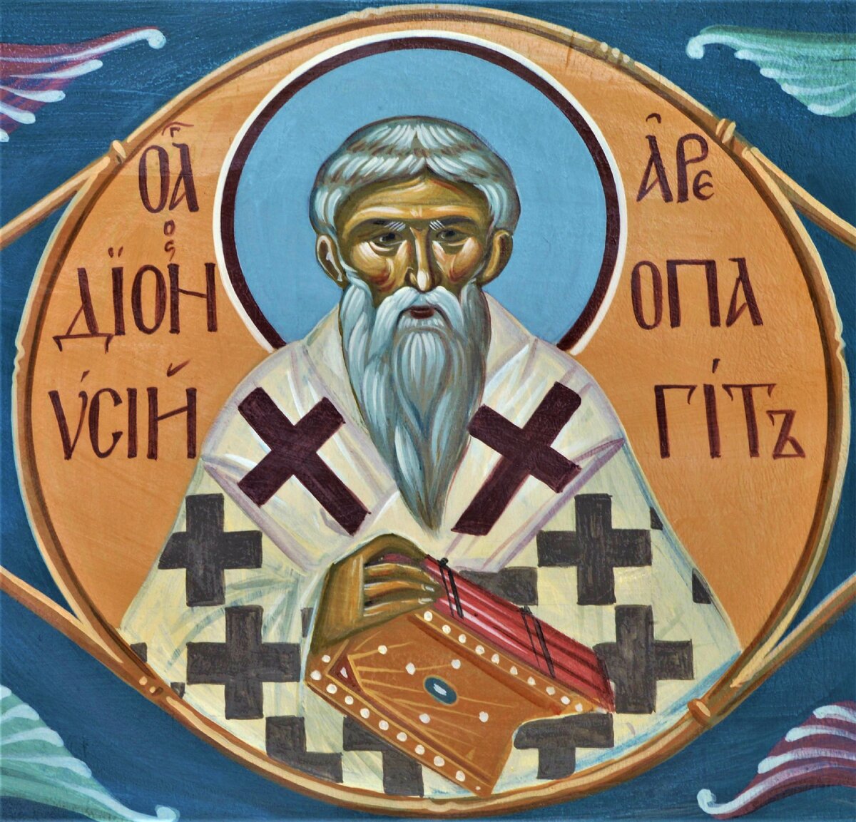 Роспись  "Святой Дионисий Ариопагит" находится на северной стене четверика. Храм Успения Пресвятой Богородицы "за верхом" г.Калуга. Дионисий Ареопагит в соответствии с ликом святителей написан в богослужебном епископском облачении: в саккосе с омофором, в руках держит Евангелие. Он обычно изображается с волосами с проседью и заостренной бородой средней длины. 