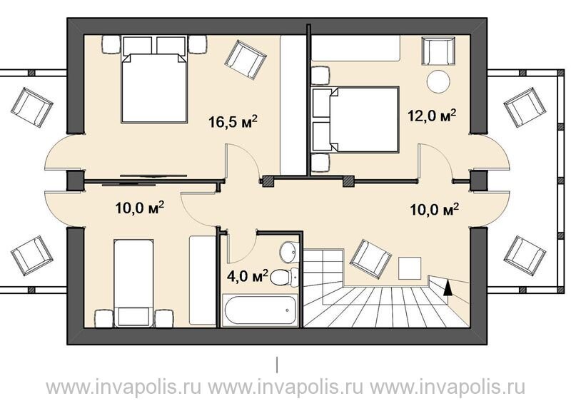 Мансарда. Высота второго этажа у стен не маленькая, 1,8 метра, то есть помещения мансарды могут использоваться полноценно.