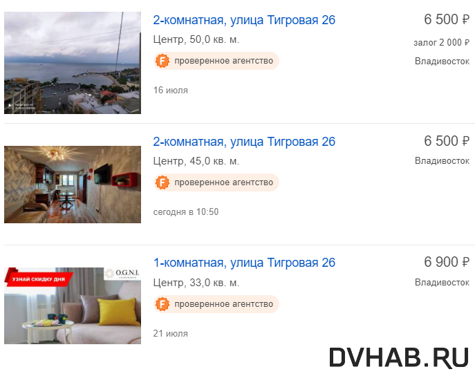   Стоимость суточной аренды квартир на Тигровой у моря