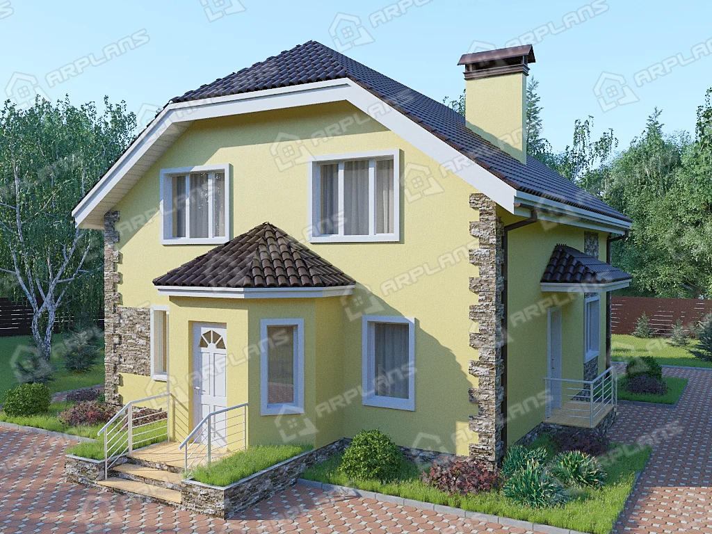 Фото 1 двухэтажного дома из блоков с мансардой, 3 спальнями, гостевой, газовой котельной и эркером. Общая площадь 157 кв м. Источник arplans.ru Проект К-120