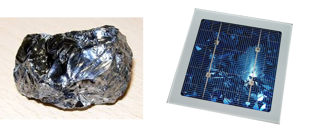 Кремний (слева) и солнечная батарея из поликристаллического кремния (справа)