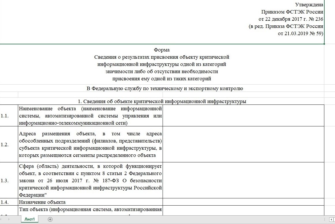 Сведения о результатах присвоения объекту критической информационной инфраструктуры образец