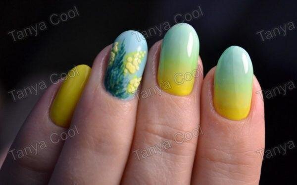 дизайн градиент и цветы на ногтях