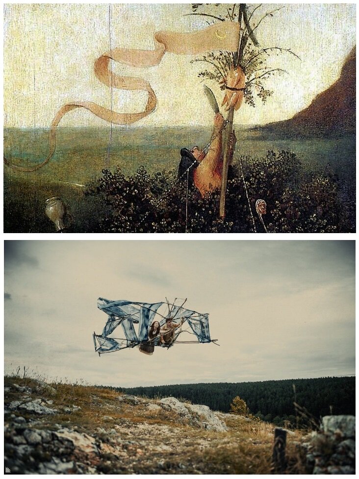 Сверху- картина И. Босха "Корабль глупцов", снизу - кадр из фильма "Сказка странствий"