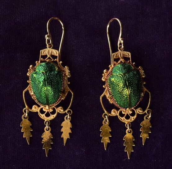 1880s Victorian Scarab Earrings, Gold 