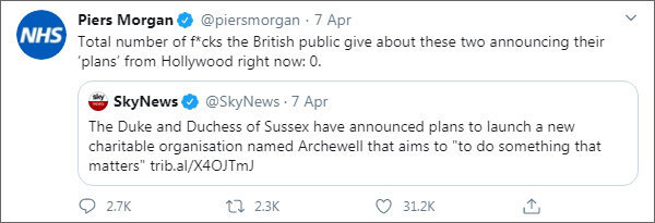 Из твиттера Пирса Моргана, ведущего GMB (https://twitter.com/piersmorgan):
«Общее число британцев, которых [волнует] то, что эти двое прямо сейчас объявляют о своих «планах» из Голливуда: 0».
