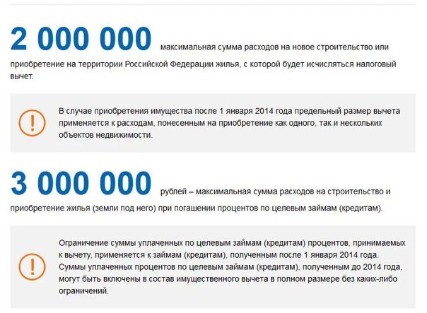 При покупке квартиры можно вернуть от государства 650000₽ при определенных условиях. 

Какие возможны выплаты?
1. От стоимости недвижимости, максимум 13% от 2000000₽ - это 260000₽
2. От стоимости уплаченных процентов по ипотеке, максимум 13% от 3000000₽ - это 390000₽

ВАЖНО: 
- вычет не дадут, если вы купили квартиру у близких родственников (родители, дети, братья, сестра)
- вычеты можно получить один раз по одному объекту, но объекты по выплате процентов и самой недвижимости могут быть разные
- выплаты возвращаются в размере не более фактически уплаченного вами НДФЛ
- возвращать можно в течение нескольких лет до получения всей суммы