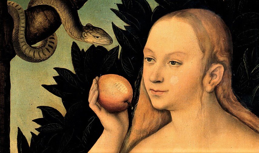 Ева вкушает запретный плод.