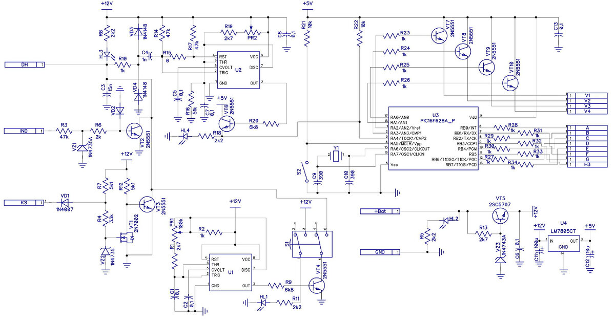 Рис.1 Принципиальная схема универсального тахометра на PIC16F628A