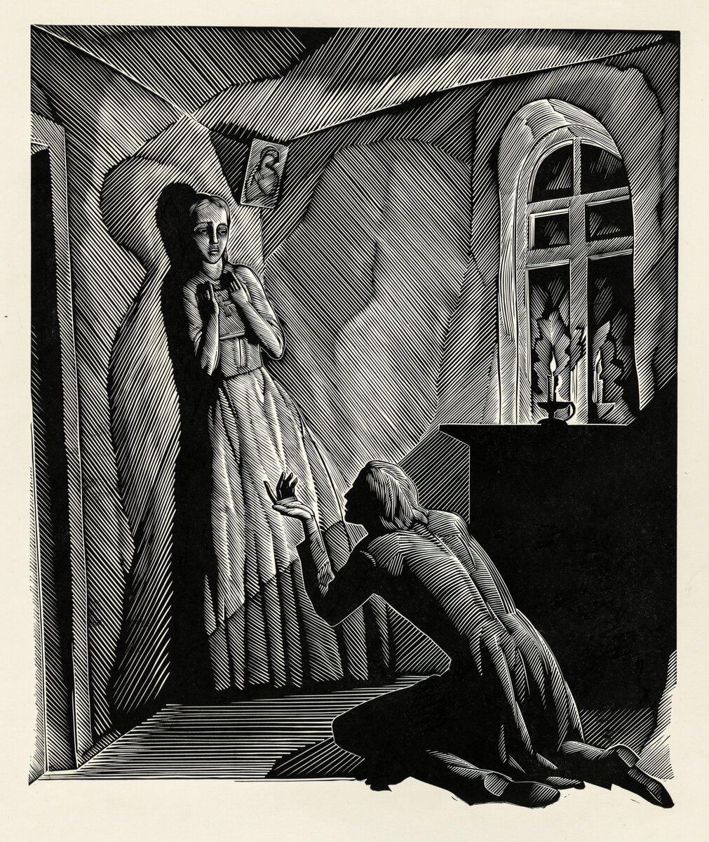 С.С.Косенков, иллюстрация к роману "Преступление и наказание". У Сони. Государственный музей истории российской литературы имени В.И.Даля. Источник: https://dostoevskyworld.ru/world-of-works/characters/vechnaya-sonechka