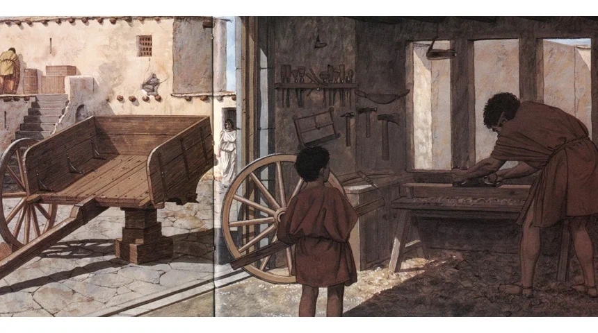 Реконструкция мастерской плотника и инструменты. Living in the Time of Jesus of Nazareth. Peter Connolly. Israel. 1993. 