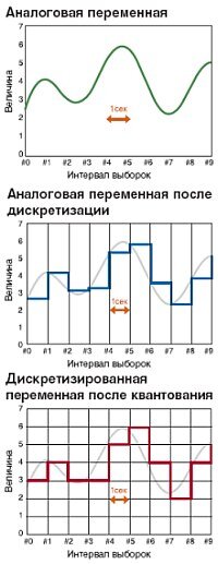 Зеленая линия (верхний график) показывает, как аналоговая переменная могла быть записана на ленте самописца. На среднем графике синяя линия изображает эту же после дискретизации. Она остается постоянной между интервалами выборки. Красная линия (нижный график) изображает, как компьютер с трехбитовым регистром хранения будет квантовать дискредитированную переменную. Ее значение будет округлено до ближайшего целого между 0 и 7