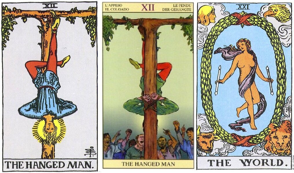 Основная идея данного Аркана- жертва (рис. 1 и 2). Но жертва понимается здесь не как бесплодная потеря чего-то вам дорогого, а как отдача во имя приобретения еще более необходимого.  Он всматривается в воду. размышляя о состоянии своей души в период наибольшего стресса.