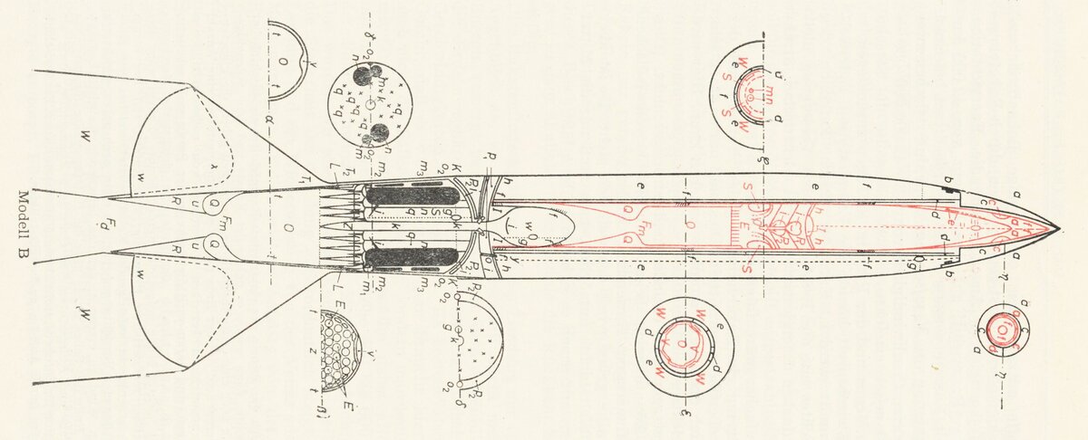 2. Двухступенчатая ракета Оберта (модель B), предназначенная для учебных целей
