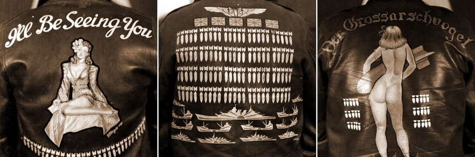 401-я бомбардировочная авиагруппа 8-й Воздушной Армии США была не только одним из наиболее результативных соединений в Европе, но и прославилась своими раскрашенными куртками. Дошло до того, что целую коллекцию фотоснимков спин авиаторов создала официальная фотослужба ВВС Армии США! Рисунки чаще всего заключали в себе число боевых вылетов, выполненных владельцем куртки, и взывали к женскому полу. Владелец куртки слева выражает надежду на скорую встречу — возможно, с конкретным персонажем. Справа по-немецки и готикой подписан «портрет со спины» — «Der Grossarschvogel» («Большезадая Птичка»). В центре — довольно странная куртка. На фото стоит пометка, что оно тоже сделано в 401-й авиагруппе, но на войну с Японией это формирование попасть не успело.