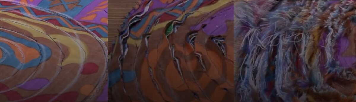 Остатки тканей прошиваются в нужном порядке (на видео предлагается круглый вариант коврика), между швов делается  разрез нескольких слоев ткани, потом  самое интересное - берется жесткая расческа: долго чешем и коврик приобретает мохнатый вид.