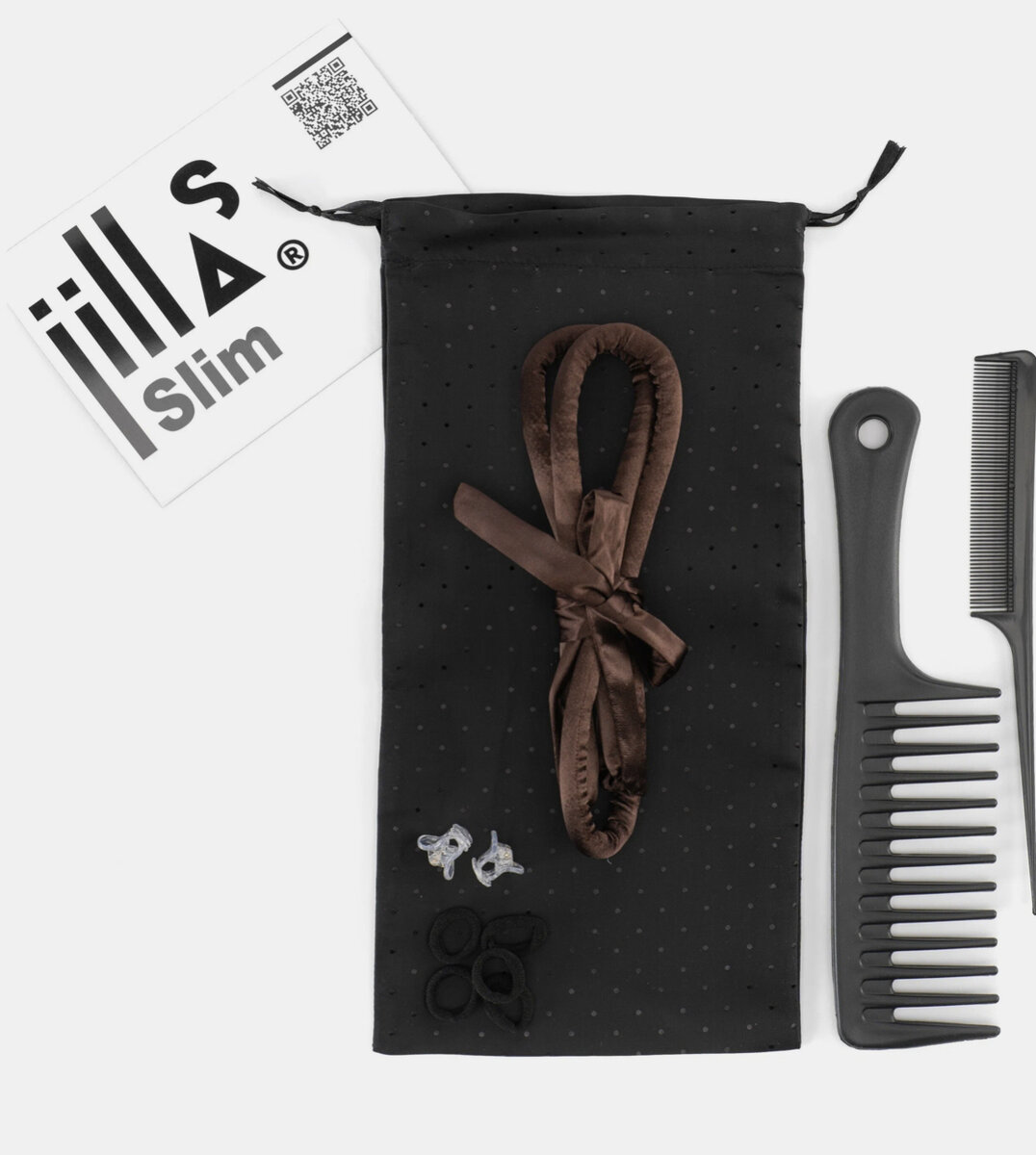 В набор входит 4 резиночки, 2 крабика, бигуди и расческа