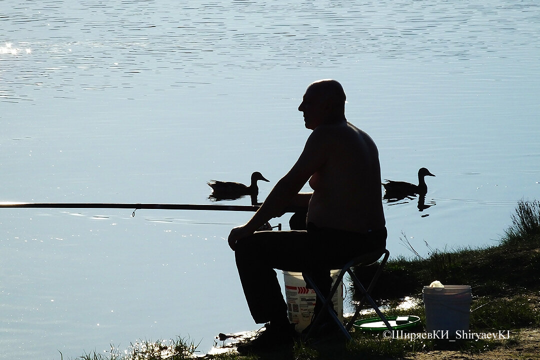 У понтонного моста справа и слева подставлялись рыбаки и кряквы.
