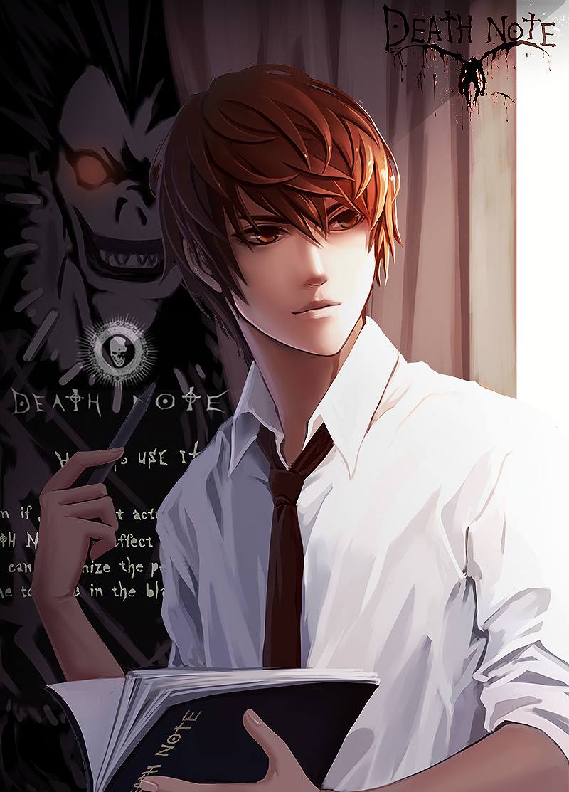 Лайт. Фон - как и на протяжении всего аниме - Рюк и правила пользования смертельно опасным артефактом.