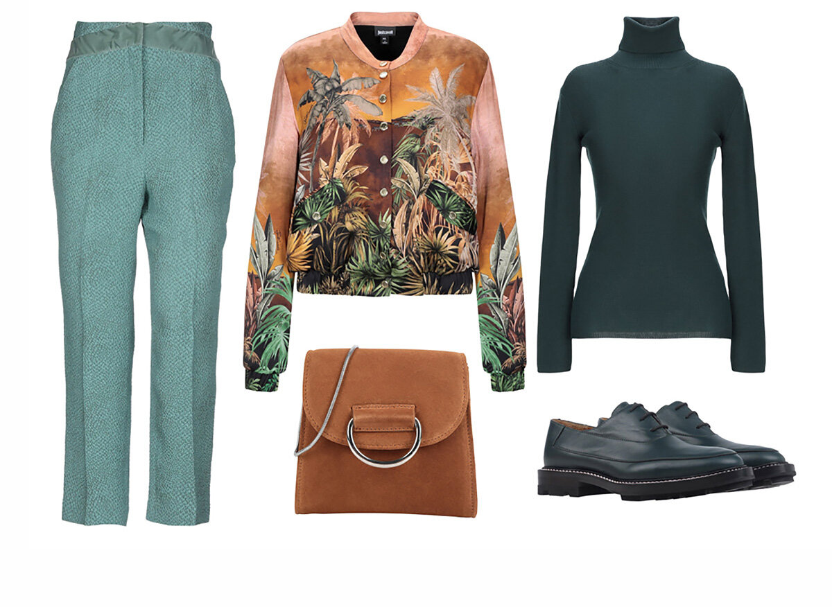 Брюки MARCO DE VINCENZO Куртка JUST CAVALLI Водолазка P.A.R.O.S.H.Сумка LITTLE LIFFNER Туфли JIL SANDER