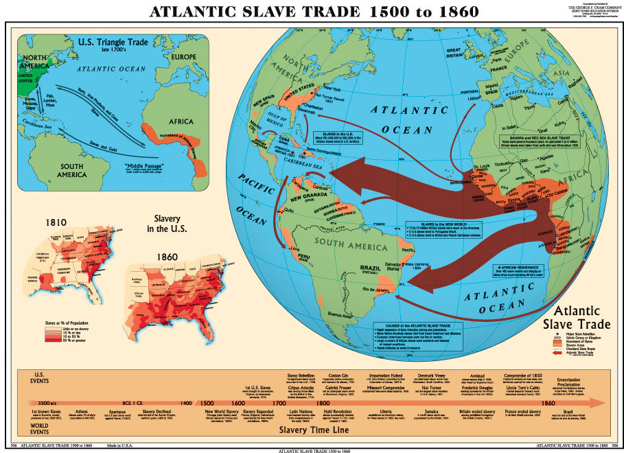 Очень интересная карта, на которой видно, что 95 процентов африканских бедолаг оказалось в Карибском регионе и Южной Америке и только около 4 процентов там, где сейчас США. 