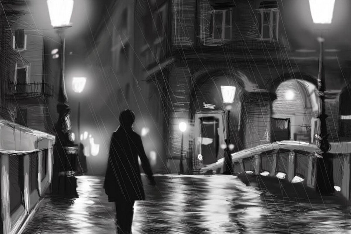 Был вечер пуст. Одиночество в городе. Человек в темном переулке. Одинокий человек в городе. Темная улица с фонарями.