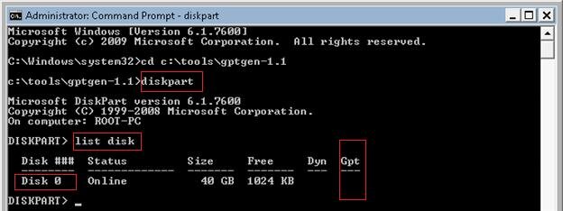 В контексте diskpart выведем на экран все диски в системе: list disk   В данном примере  в системе имеется один диск размером 40 Гб с индексом  0 (Disk 0). Как вы видите, этот диск имеет стандартную таблицу разделов  MBR (столбец Gpt пустой)