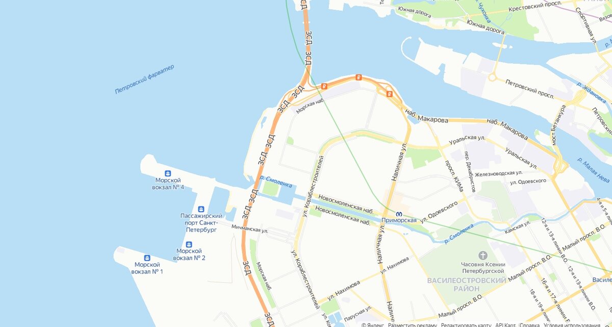 Яндекс карты. Приморская и Новосмоленская набережная в наше время