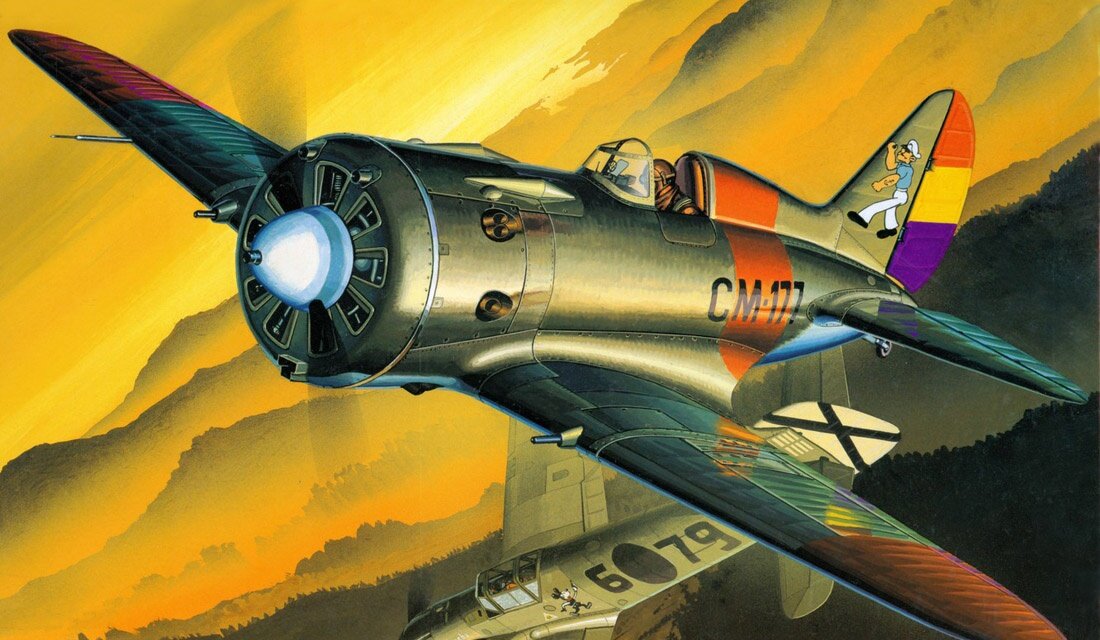 Республиканский И-16 ведёт бой с немецким истребителем Мессершмитт Bf-109 из "Легиона Кондор" (картина современного художника)