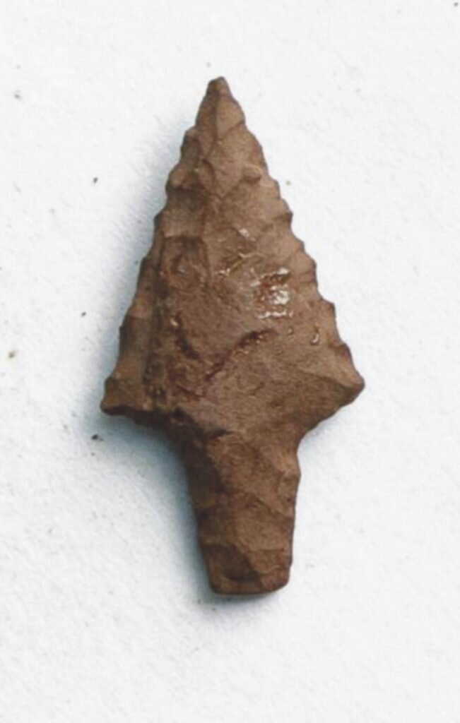 Каменный наконечник стрелы из отщепа V-II тыс. до н.э. Двусторонняя ретушь (экспозиция ГИМ)