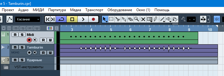 Midi партия и партия тамбурина из EZDrummer 2, который проигрывает эту миди партию. 