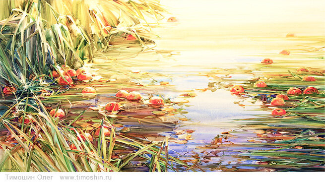 Пейзаж акварелью на холсте с яблоками в воде