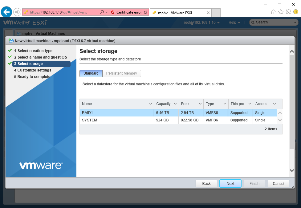 Установка vmware машины. Вкладка customize. VM select API.