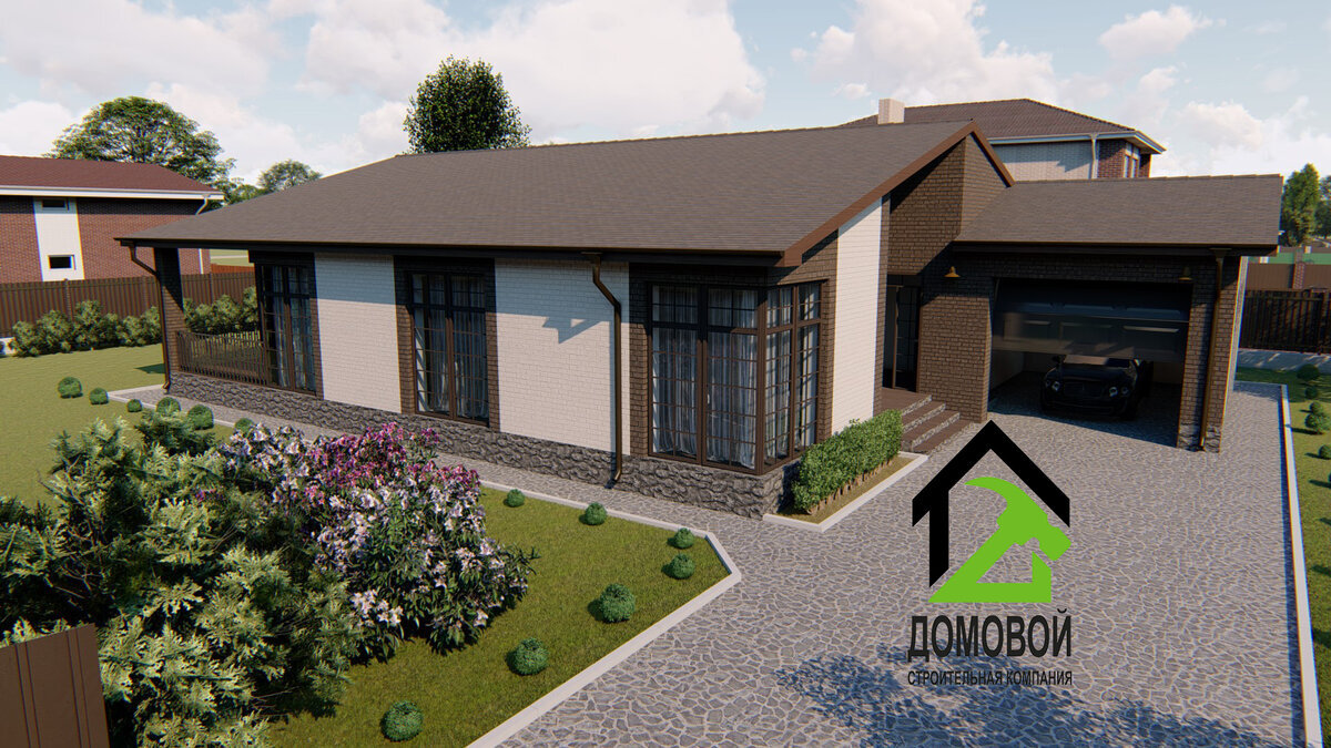 Вид на главный и правый фасады. Источник изображения: Канал "Строительство домов и бизнес" (zen.yandex.ru/id/5d319d8392414d00ad85d968), Яндекс Дзен.