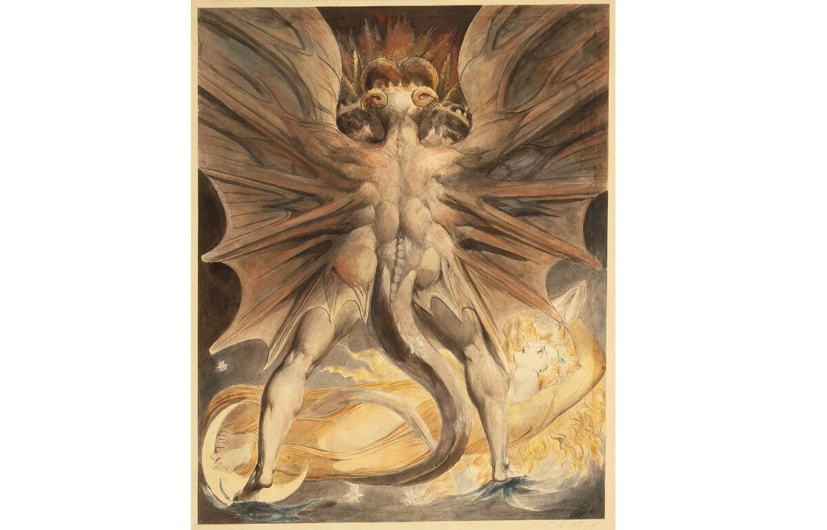 Гравюра Уильяма Блейка "Великий красный дракон и жена, облаченная в солнце" 1805 - 1810