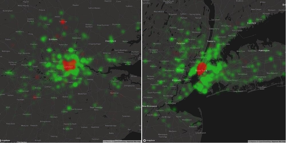 Красный цвет означает отток, зелёный — рост интернет-трафика. Нью-Йорк и Лондон / Cloudfare