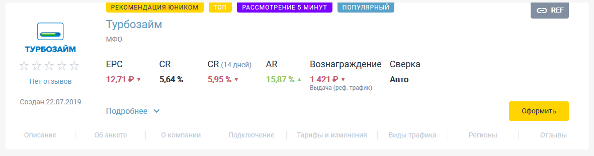 Для разбора информации мы взяли в примере один оффер.