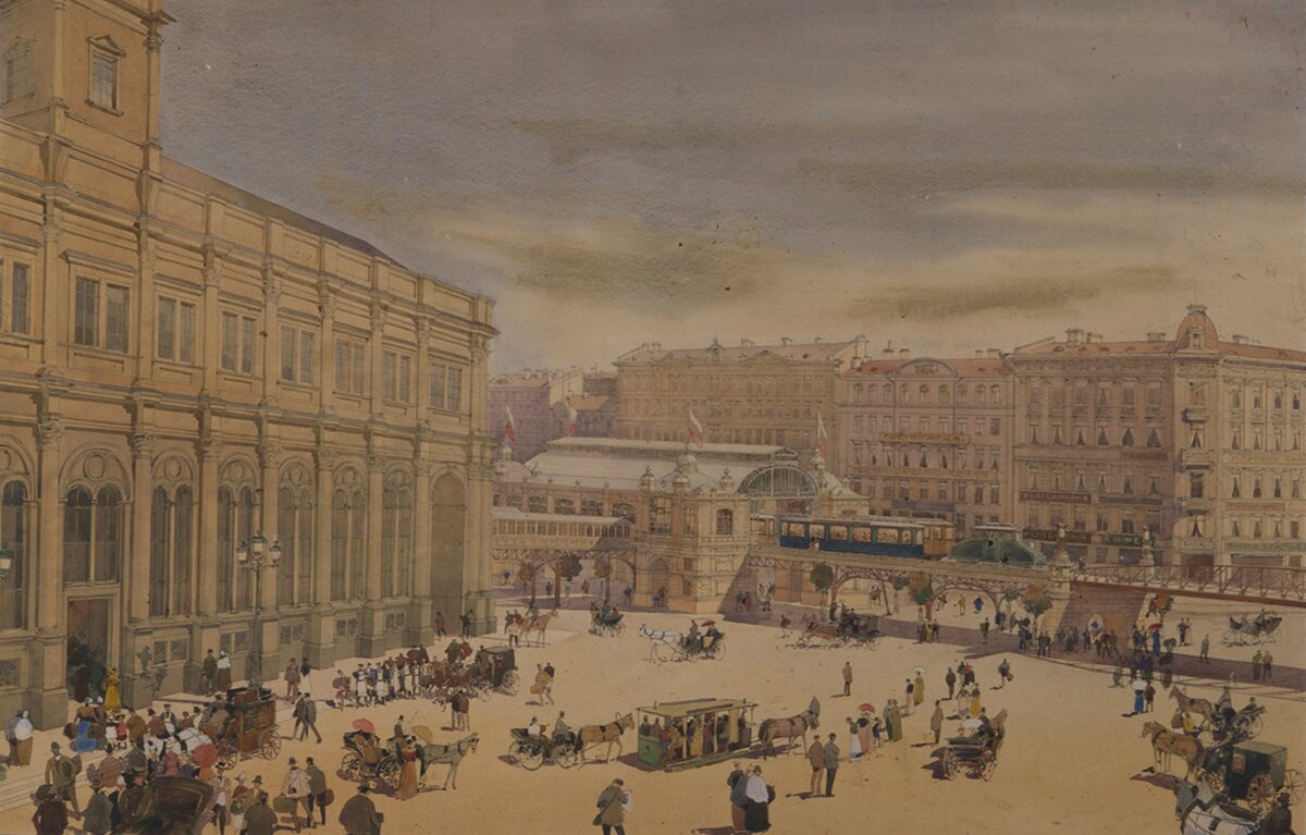 Эстакада у Знаменской площади (Площадь Восстания, вид на Московский вокзал и Лиговский проспект). Эскиз к проекту надземного метрополитена в Петербурге. 1902. Бумага, тушь, акварель. Н.Н. Каразин. 