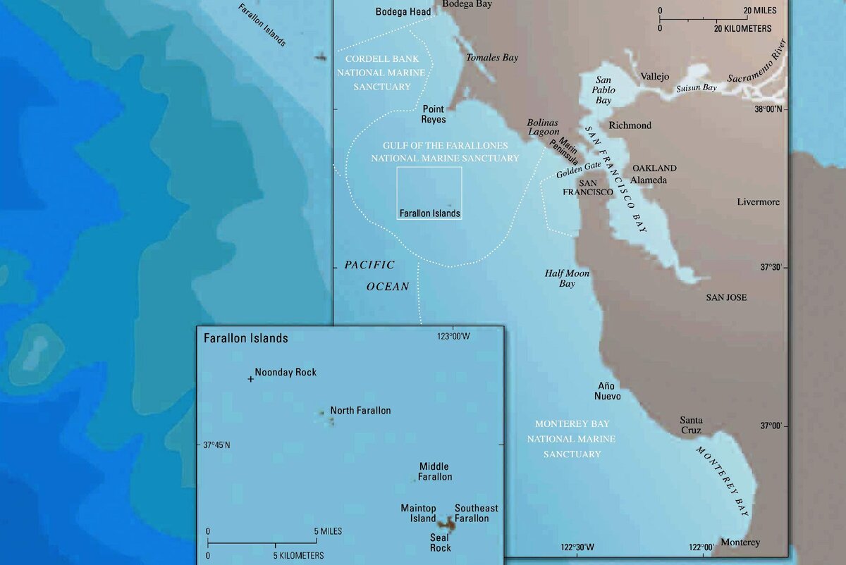 Карта залива Сан-Франциско и залива Фараллонес. Из книги "Beyond the Golden Gate—  Oceanography, Geology, Biology, and Environmental Issues in the Gulf of the Farallones", 2001