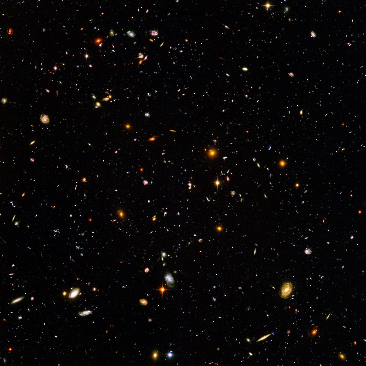 Изображение Hubble Ultra Deep Field, которое охватывает участок примерно 1/13 000 000 от всей его площади, и содержит, при этом, примерно 10 000 галактик.