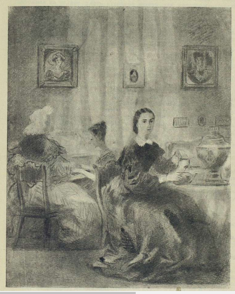 Источник: Мать Николеньки разливает чай. Любонька и Мими у рояля. Иллюстрации К.Клементьевой (найдено по запросу в Google-картинках)