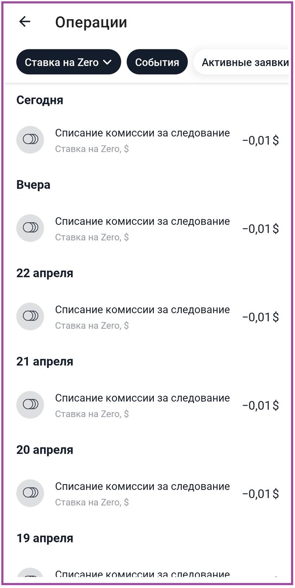 В истории сделок - одно списание комиссий