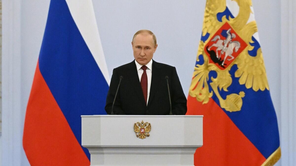 Президент России Владимир Путин выступает на церемонии подписания договоров о вхождении в Российскую Федерацию Донецкой и Луганской народных республик, Запорожской и Херсонской областей в Кремле© РИА Новости / Григорий Сысоев