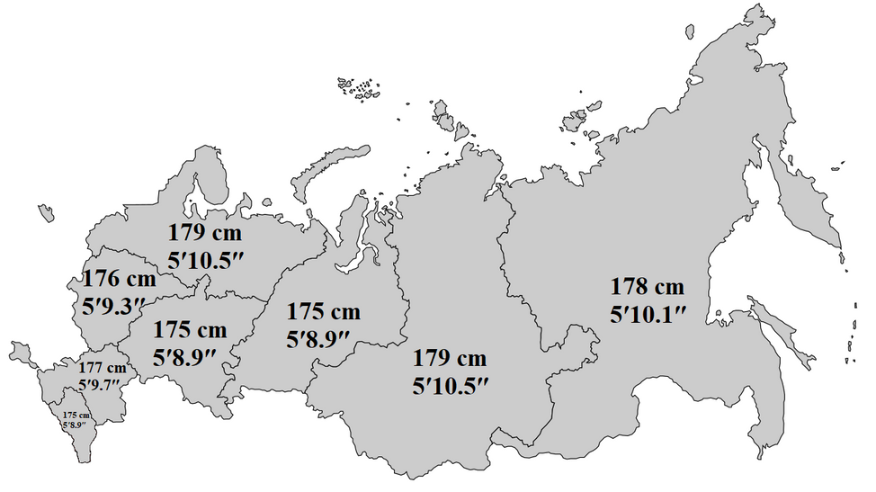 Средний рост мужчин по Федеральным округам России