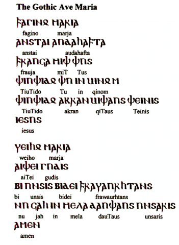 А это просто текст молитвы Ave Maria (Богородце, Дево, радуйся) на готском языке с транслитерацией. Просто потому что речь у нас зашла о древних германских языках