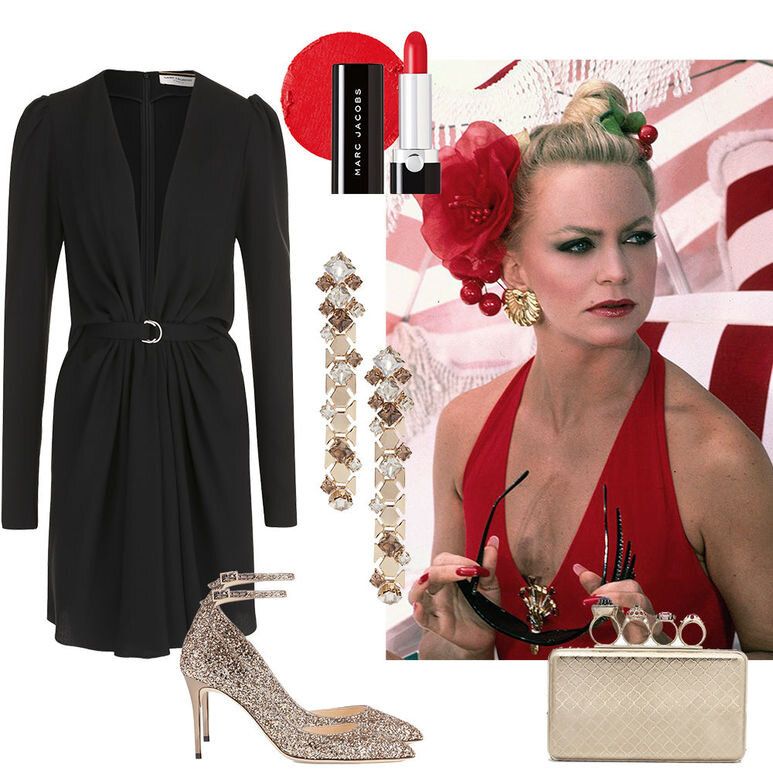 Платье Saint Laurent, босоножки Jimmy Choo, клатч Alexander McQueen, серьги Lanvin, помада Marc Jacobs Beauty