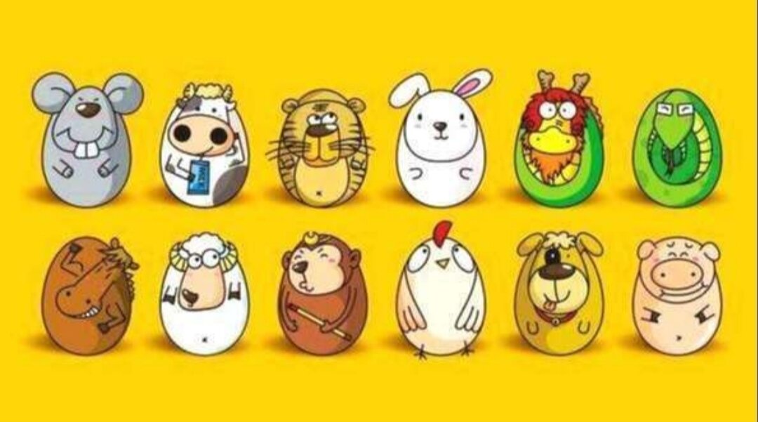 12 животных  китайского календаря:  мышь(крыса) 鼠 [shǔ], бык 牛 [niú], тигр 虎 [hǔ], кролик 兔 [tù], дракон 龙 [lóng], змея 蛇 [shé], лошадь 马 [mǎ], овца 羊 [yáng], обезьяна 猴 [hóu], петух 鸡 [jī], собака 狗 [gǒu] и свинья 猪 [zhū].