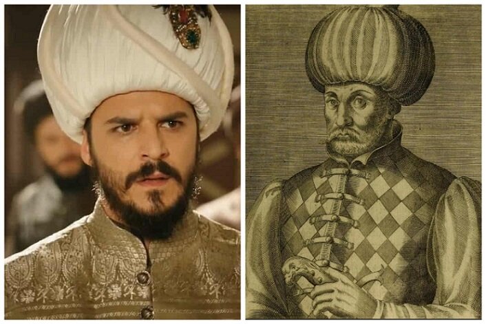 Шехзде Мустафа -сын Сулеймана I. Слева - кадр из сериала Великолепный Век, справа - исторический протатип Мустафы. 