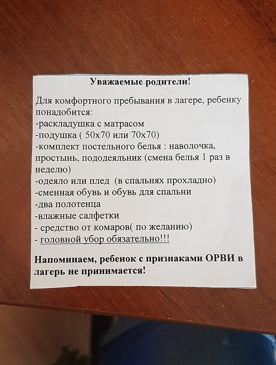 Брошюрка с требованиями для посещения лагеря